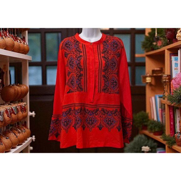 J. Crew Asian Inspired Paisley Henley Tunic Top Size XL Red Long Sleeve - Picture 3 of 11